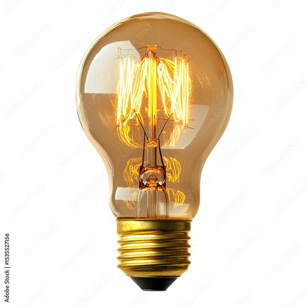 Poster vintage light bulb with warm glow, showcasing intricate filament design and classic shape, perfect f