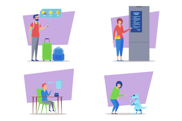 Person checking travel updates on smartphone beside luggage. Another individual studying schedule display, while third typing on laptop. Person interacting with robot dog