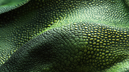 Extreme close up of textured green reptile skin with detailed scales and vibrant coloration highlighting natural pattern and surface design