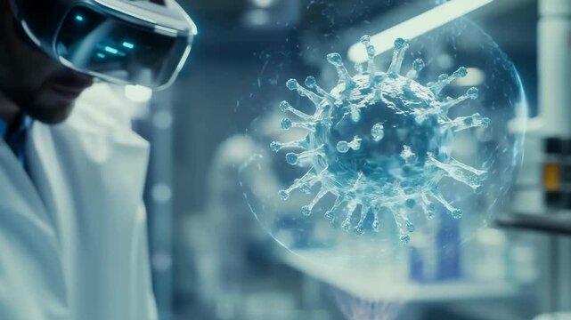 Scientist in lab conducts virtual experiment with floating virus hologram