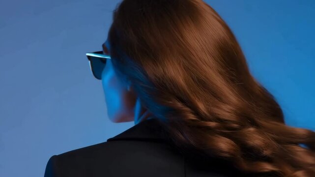 Stylish woman with sunglasses flips hair against vibrant blue background