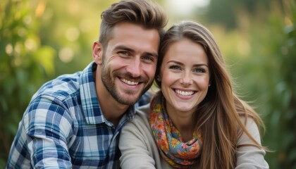 Fototapeta premium Joyful couple smiling in a lush green setting