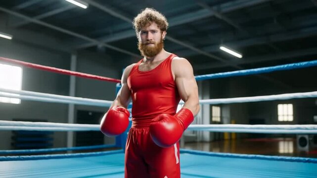 Determined boxer in red outfit training in gym ring under dramatic lighting