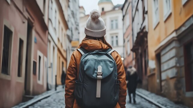 Person with backpack walking down a city street.
