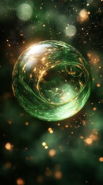 A luminous green bubble floats amidst a bokeh-filled, starry background.