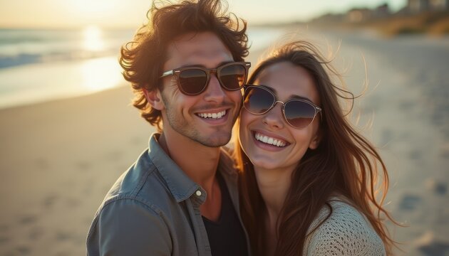 Joyful couple smiling on a sunlit beach