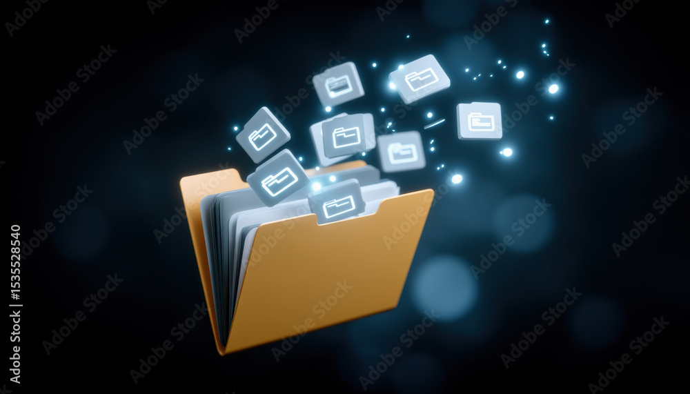Poster digital folder icons with data transfer concept showing glowing folder symbols flying out of yellow 