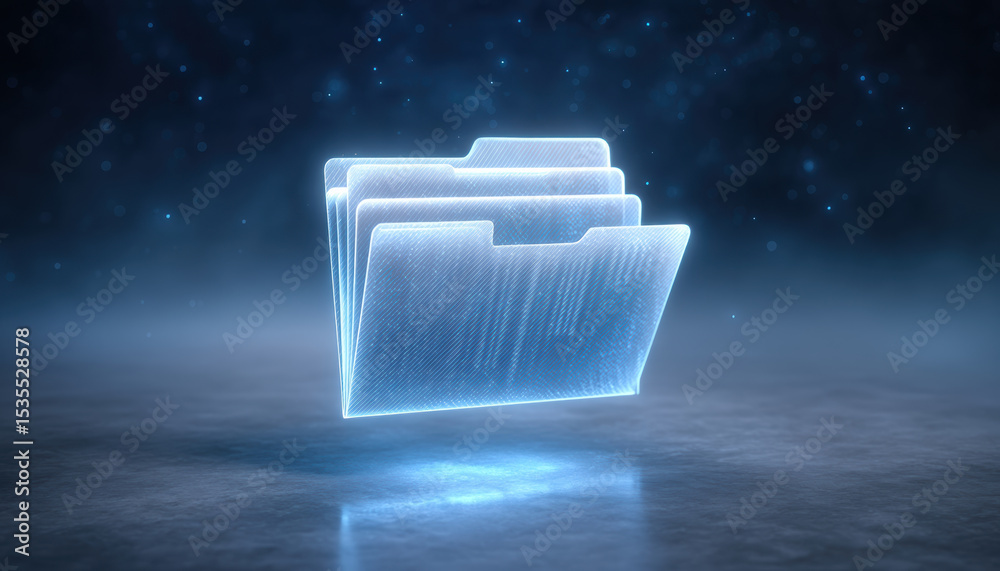 Poster digital folder icons glowing in blue light represent data transfer in futuristic concept with dark b