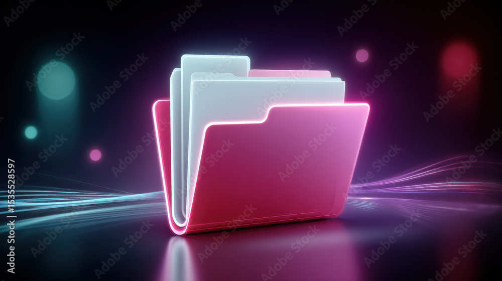 Poster digital folder icons data transfer concept with glowing folder icon in neon light and abstract backg