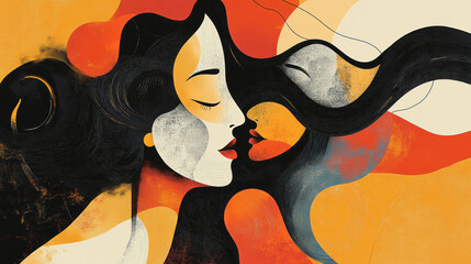 Abstract artistic portrait of a woman with flowing hair in warm orange black and white tones, emphasizing face profile, expression, and artistic style for creative use