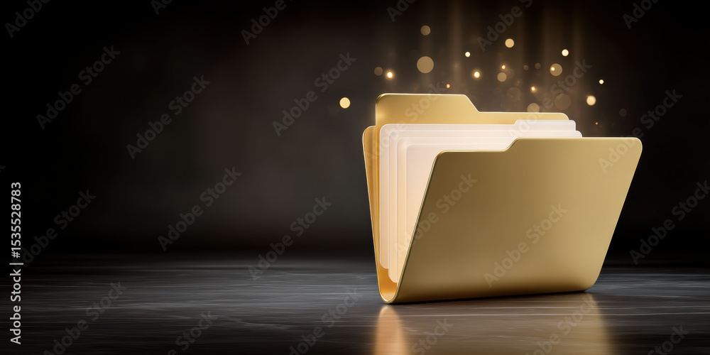 Poster digital folder icons represent data transfer with glowing effects on dark background symbolizing sec