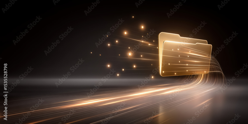Poster digital folder icons with glowing data transfer lines symbolize fast electronic file sharing and net