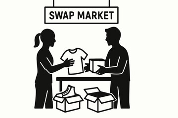 A swap market illustration depicts two people exchanging items with a sign overhead boxes of goods and a table for displaying products in a simple