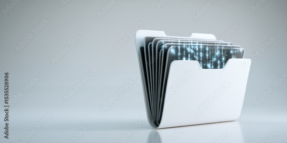 Poster digital folder icons represent data transfer with glowing effects showing digital information flow i
