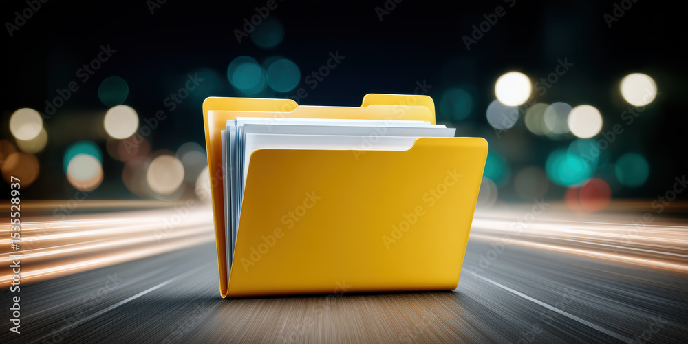 Poster digital yellow folder icons symbolize data transfer and storage in fast modern environment with blur