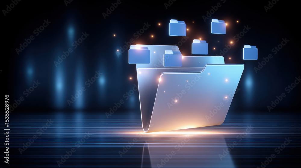 Poster digital folder icons represent data transfer with glowing effects in futuristic concept of file mana