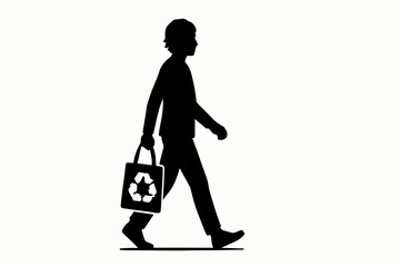 Obraz premium Silhouette of a person walking with a reusable shopping bag featuring a recycling symbol promoting environmental consciousness and sustainable living in a minimalist black and