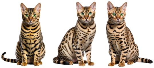 Set of a Bengal cats with green eyes sits on a transparent background