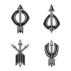 Abstract black and white arrows in different stylized designs showing archery silhouette elements for branding and emblem use