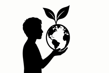 Silhouette of a Person Holding the Earth with a Sprout Representing Environmental Awareness and Sustainability in a Black and White Graphic Illustration on a White