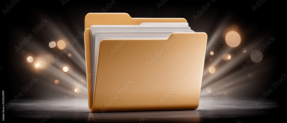 Poster digital folder icons represent data transfer with glowing light effects symbolizing fast and secure 