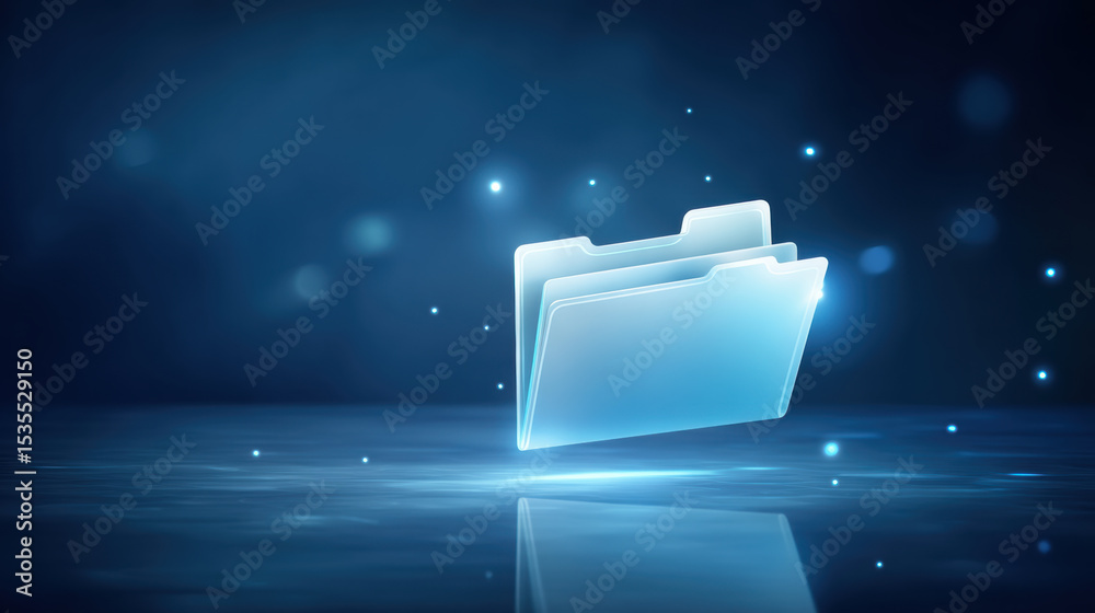 Poster digital folder icons glow with data transfer effects in futuristic style showing digital data transf