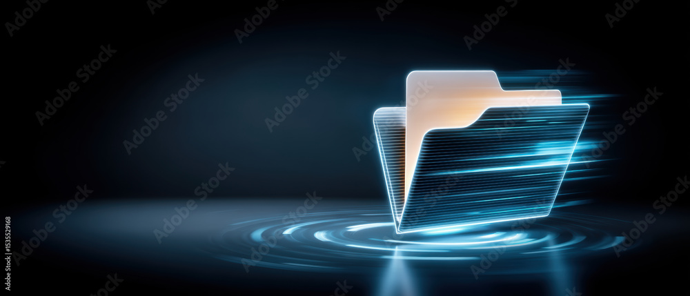 Poster digital folder icons symbolize fast data transfer with glowing blue light effects and futuristic des