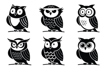 Collection of vector silhouette illustrations depicting various owl designs in black and white