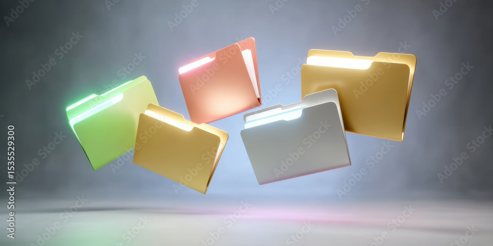 Poster digital folder icons in various colors float in soft light background symbolizing data transfer and 