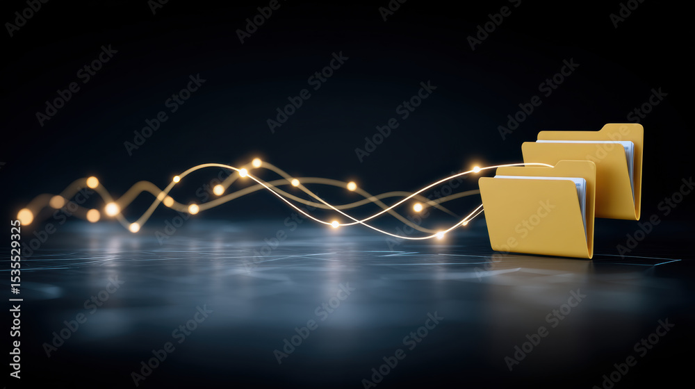 Poster digital folder icons with glowing data transfer lines symbolize fast file sharing and network connec