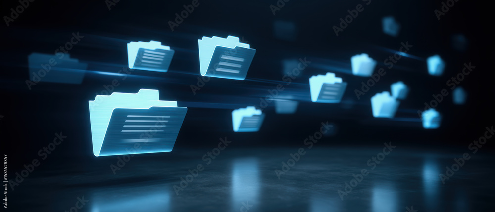 Poster digital folder icons represent data transfer in futuristic concept with glowing blue folders floatin