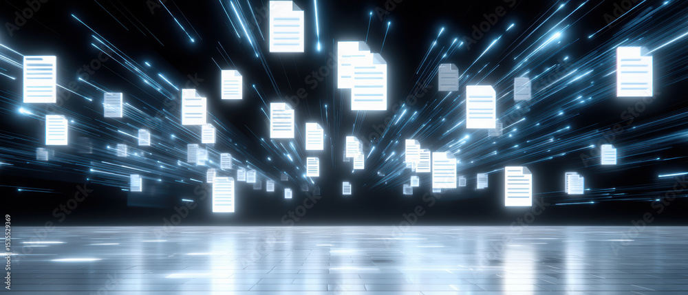 Poster digital folder icons represent data transfer in futuristic environment with glowing light streaks an