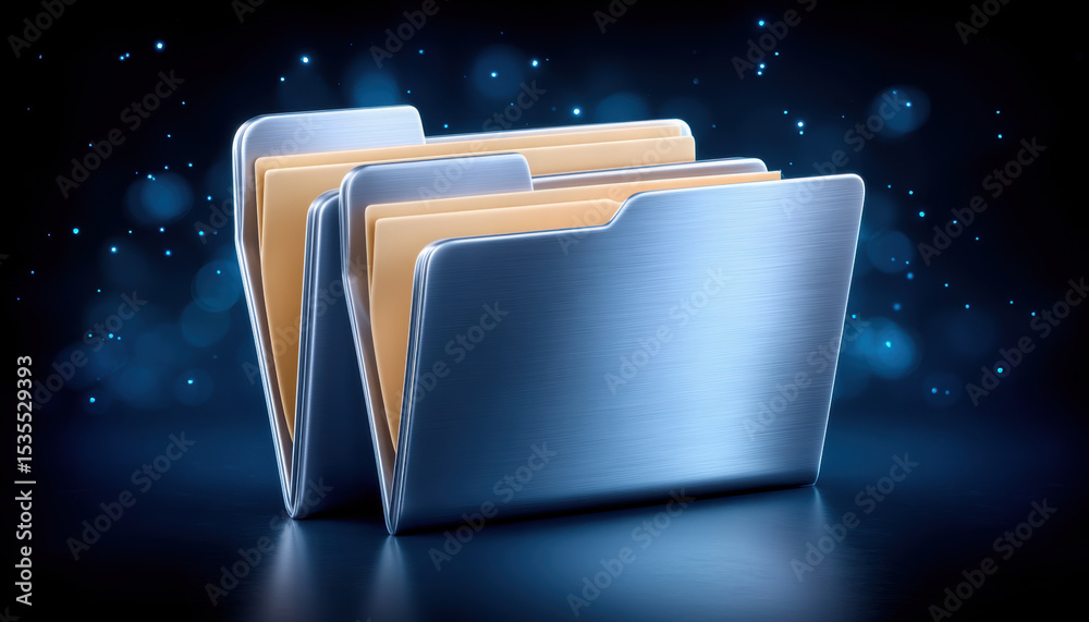 Poster digital folder icons represent data transfer with metallic blue file folders glowing on dark backgro
