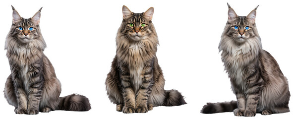 Set of fluffy tabby Maine Coon cats with blue and green eyes sitting on a transparent background