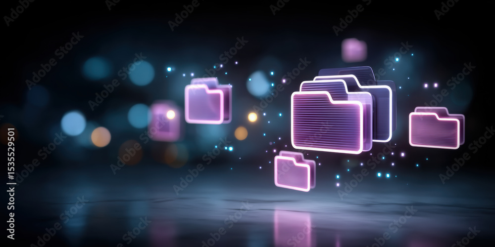 Poster digital folder icons glowing in data transfer concept with futuristic neon light effect and bokeh ba