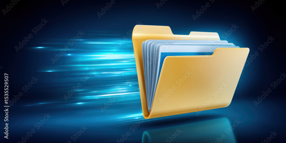 Poster digital folder icons represent fast data transfer with glowing blue streaks symbolizing speed and ef