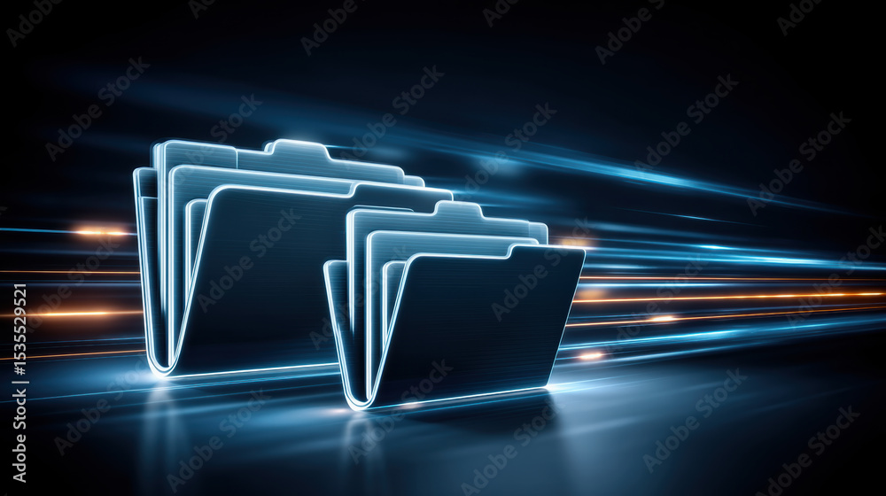 Fototapete Digital folder icons represent data transfer with glowing blue light streaks symbolizing fast movement and technology innovation