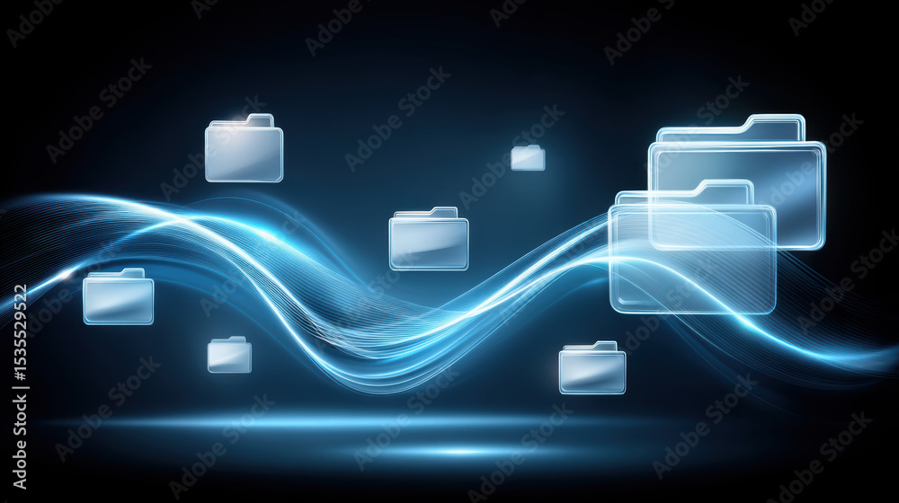 Poster digital folder icons represent data transfer with glowing blue waves symbolizing fast and secure fil