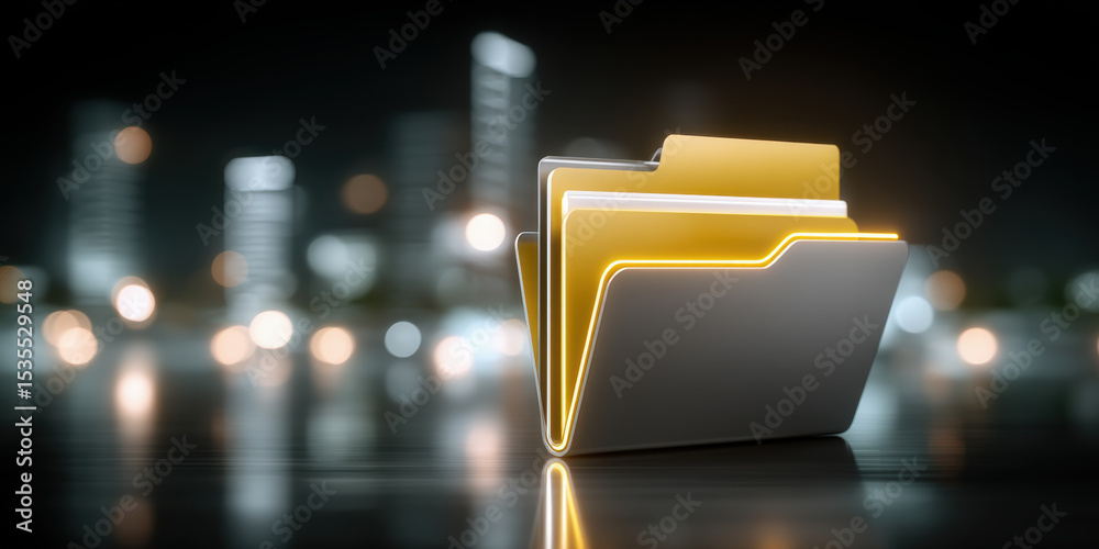 Poster digital folder icons represent data transfer in futuristic style with glowing edges and blurred city