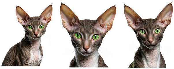 Set of close up of brown Cornish Rex cats with green eyes on a transparent background