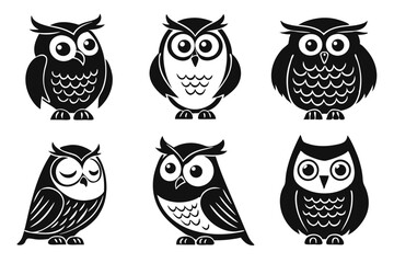 Set of six black and white stylized owl illustrations for logo and design elements