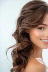 Fototapeta premium Portrait of a Young Woman with Flowing Brown Hair and a Bright Smile, Captivating Close-Up Beauty Shot