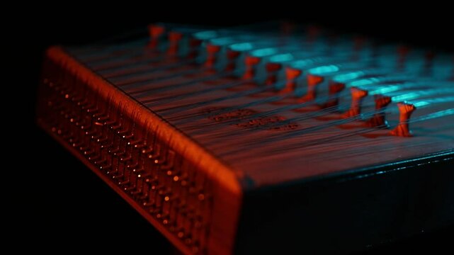 Cinematic macro close-up of a traditional wooden stringed instrument. Slow focus pull along tuning pegs and strings under dramatic red and teal lights, creating a moody atmosphere.