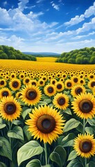 Fototapeta premium A vast field of sunflowers under a vibrant blue sky.