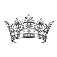 Detailed black and white illustration of a regal crown with flourishes perfect for royal themes silhouette