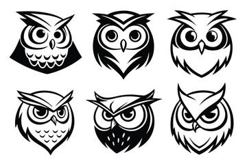 Six stylized black and white owl head illustrations for logo design or branding