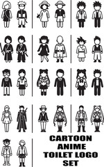 Vector collection of male and female toilet pictograms. Features funny silhouettes of famous Japanese anime and cartoon characters in cosplay style. Perfect for themed events, shops, and conventions.