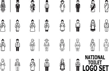 Vector restroom icons of men and women in traditional national costumes from different countries. Perfect for multicultural toilet signage, global-themed restrooms, or public space design.