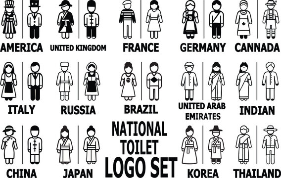 Vector restroom icons of men and women in traditional national costumes from different countries. Perfect for multicultural toilet signage, global-themed restrooms, or public space design.