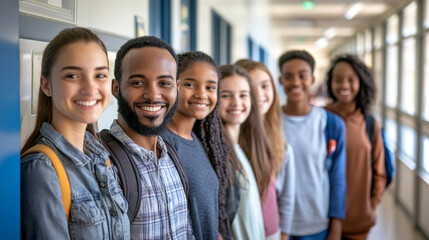 Obraz premium Teachers from multiple ethnic backgrounds standing in a school hallway